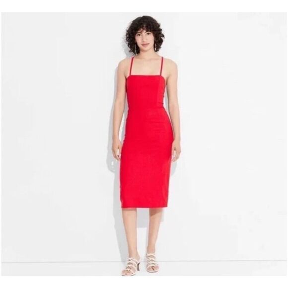 ✨Wild Fable Women's Linen Lace Tie Back Red Summer Midi Slip Sz 14 Dress✨ - Picture 4 of 9